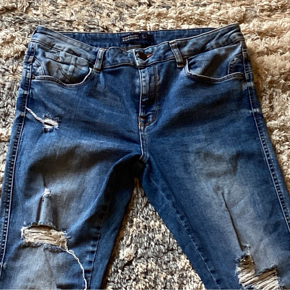 ZARA Basic Z1975 Denim Blue Jeans Distressed Women’s 12 - Picture 2 of 8